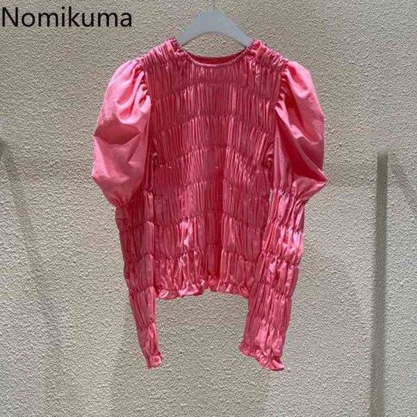 

nomikuma korean pleated stretch slim women blouse vintage puff long sleeve o-neck shirt autumn new blusas mujer 6c595 210427, White