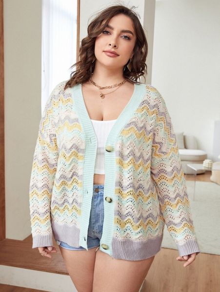 

plus chevron pattern drop shoulder cardigan p2zf#, Black