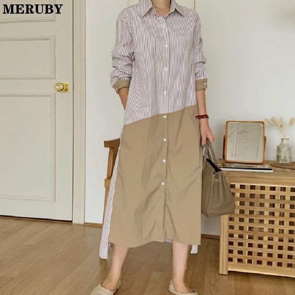 

casual dresses color-blocked striped shirt dress women full sleeve turn-down collar single breasted long loose straight vestidos, Black;gray