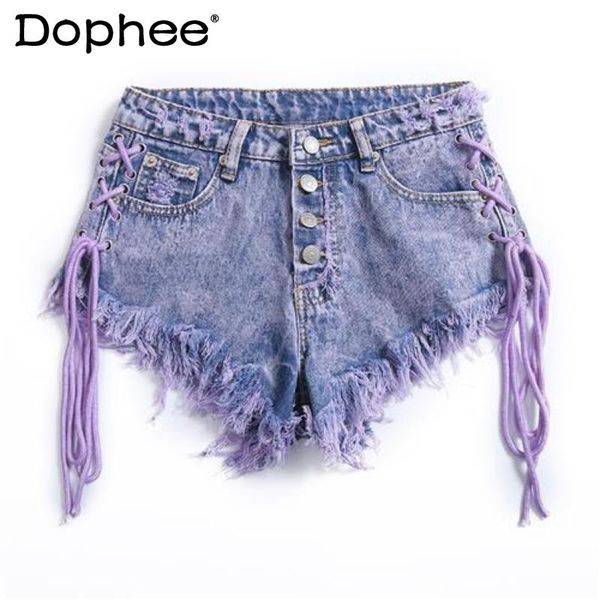 

women's shorts summer denim women loose slimming buttons bandage high waist short jeans trendy a- line purple wide leg streetwear, White;black