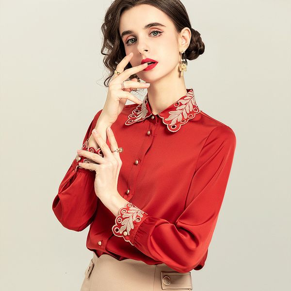 

women's blouses & shirts spring fall women shirts long runway fashion sleeve embroidered satin office elegant party lady qh7g, White