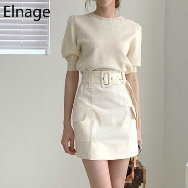 

korean vintage o neck puff short sleeve knitted +high waist lace up wrap hips skirts mini two pieces set elegant suits women 210610, White