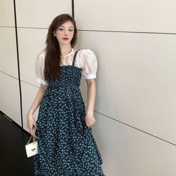 

summer thin bubble sleeve + floral suspender dress, Black;gray