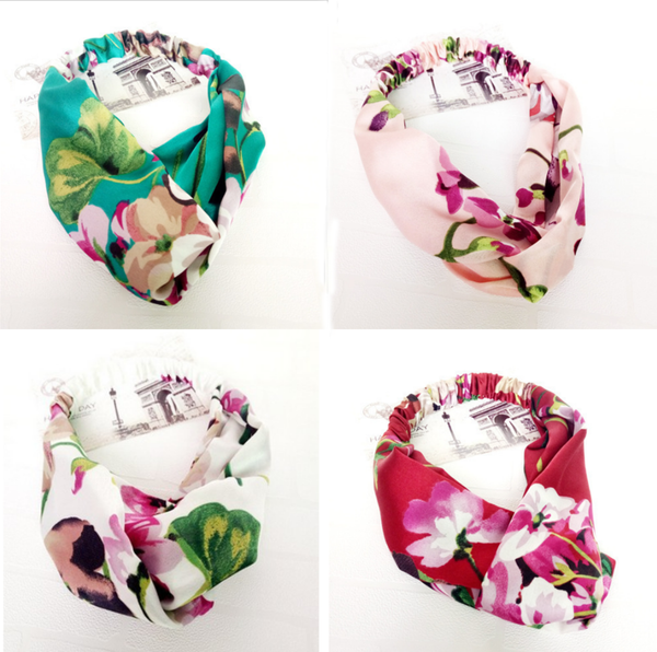 

women wide brim leisure cross knot elastic hair band soft mixed color ladies luxury designer flower printing satin sports hair band, Silver