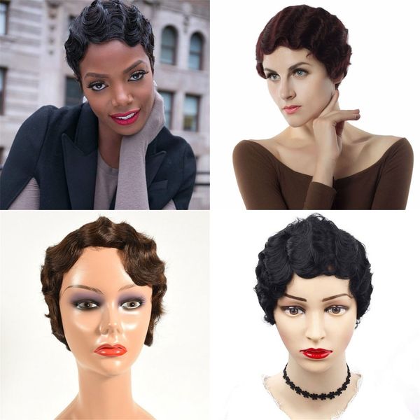 Parrucche vintage da 6 pollici Parrucca di capelli umani malesi con onda corta per donna nera Colore naturale Marrone scuro 99j
