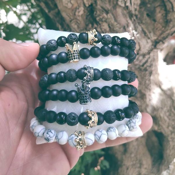 

charm bracelets his and hers couple sets distance jewelry cz crown king stone bead 2pcs/set bracelet for lovers gift, Golden;silver