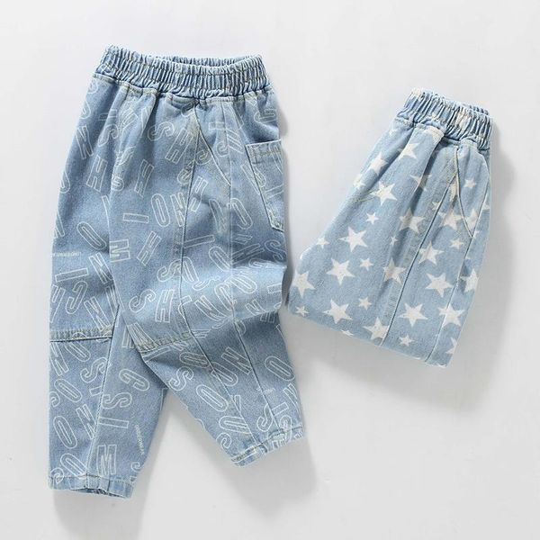 

jeans diimuu children fashion bottoms clothing boys kids denim trousers boy elastic waist long pants print casual, Blue