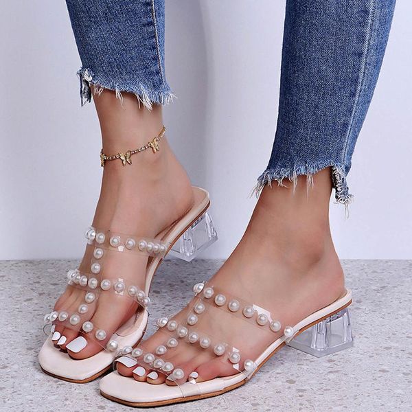 

sandals women's heels shoes summer slope with fish mouth pearl thick heel breathable large size beach peep toe, Black
