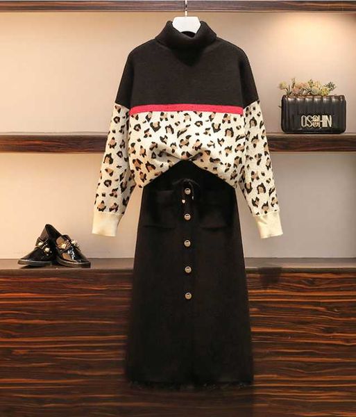 

two piece dress plus size 4xl leopard knitted fashion turtleneck women winter sweaters +single breasted elastic high waist knit skirts s, White