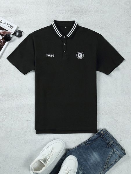 

men letter embroidery striped trim polo shirt z6n7#, White;black