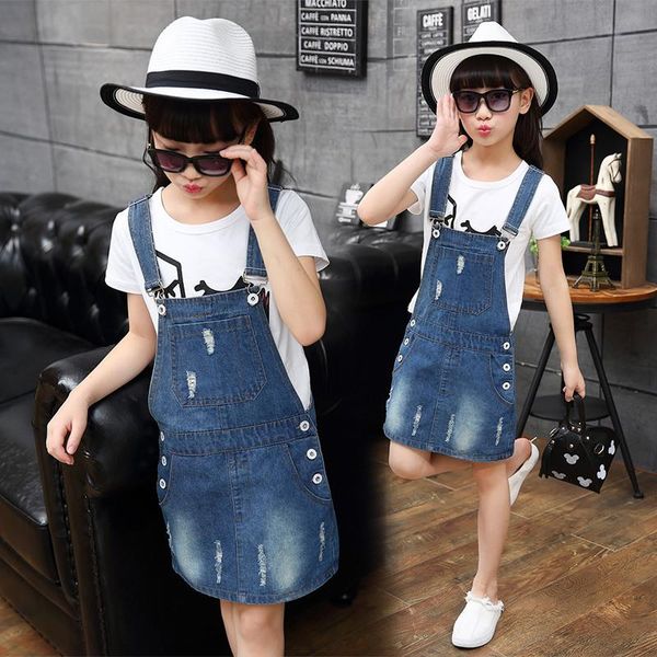 

girls denim overall 2021 summer party ripped jeans skirt girl clothes baby jumpsuits for kids suspender high quality, Blue