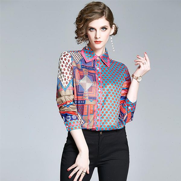 

women runway womens blouses shirts fashion long sleeved vintage shirt polk dot printed female blusa, White