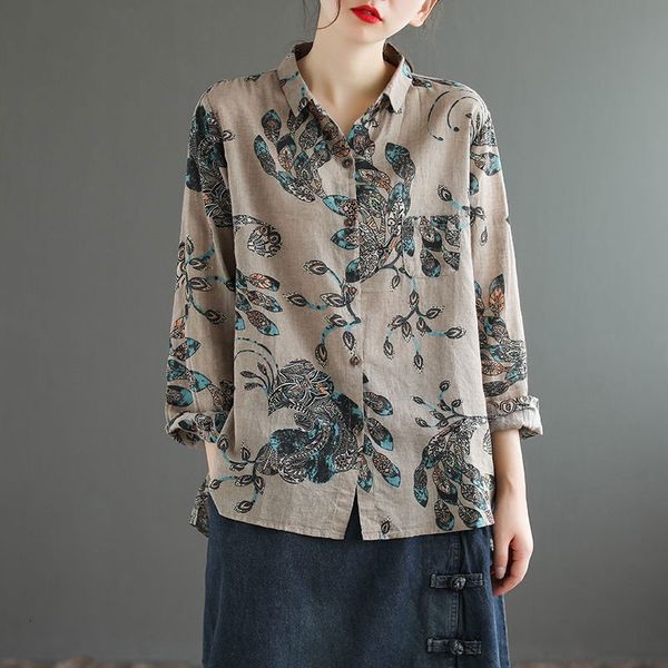 

women's blouses & shirts arrival autumn arts style women long sleeve turn-down collar loose shirt vintage print cotton linen plus, White