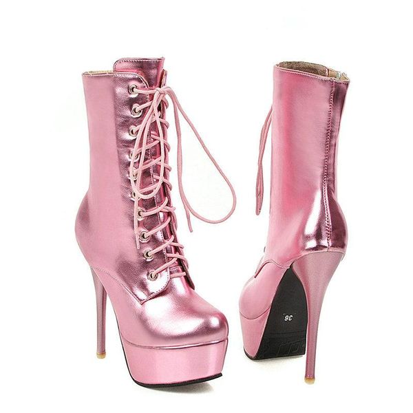 

boots gold 2021 women fashion zipper ankle platform super high heel round toe autumn winter shoes, Black