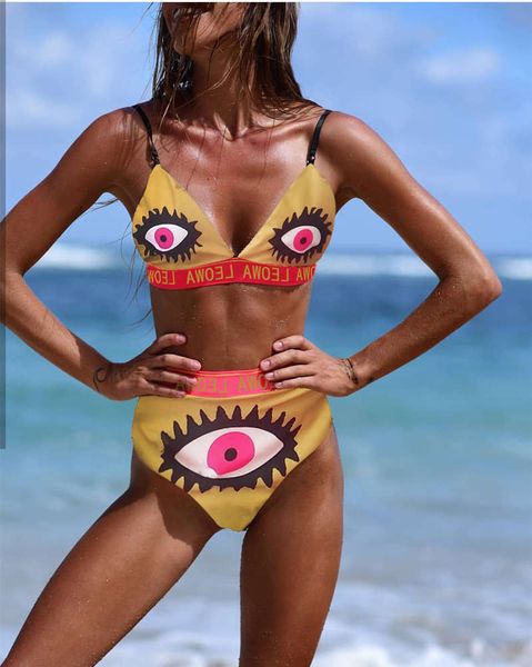 

summer swimsuit in bikini large print letter eye split, White;black