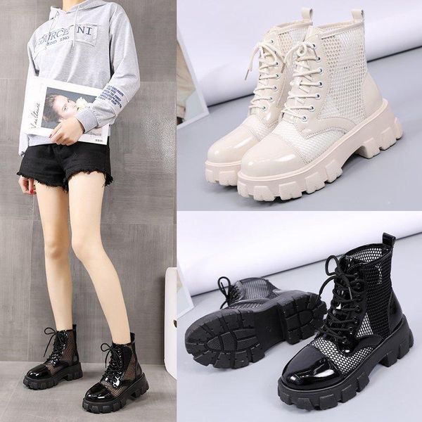 

women boots air mesh leather summer low heel round toe fashion casual shoes ankle, Black