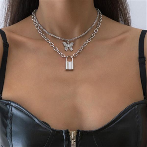 

pendant necklaces 2pcs/set trendy gold silver color crystal butterfly lock necklace for women girl metal geometric layered