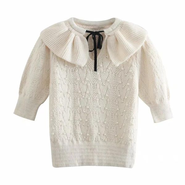 

simple 2021 women medium sleeve bow tie sweaters pullovers warm minimalist solid ruffle decoration jumpers ladies chic women's, White;black