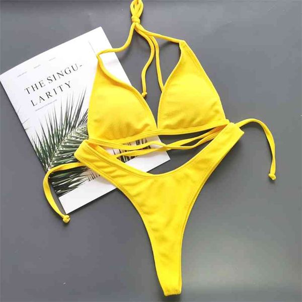 Tanboby Brazilian Nating Switting High Cut Micro Beach Beach Biquinis 2 peça Bandage Top + Amarelo Thong Bikinis 210629