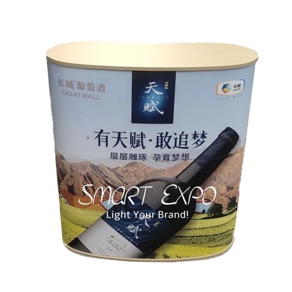 

trade show podium bean shaped retail supplies with custom graphic print