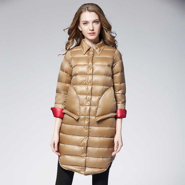 Winter Woman Park Casaco Versão Coreana Moda Simples Longo Grosso Mulheres Ultra Light Duck Down Jacket Feminino Plus Size 210608