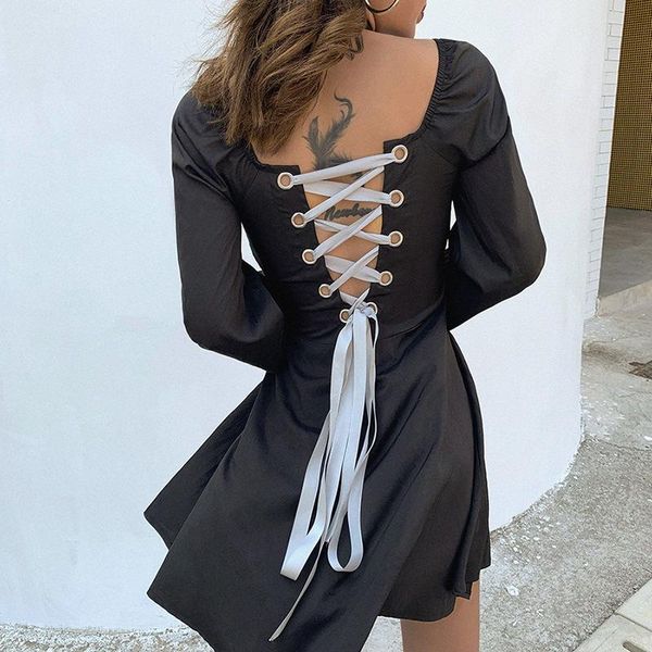

casual dresses bkld autumn criss cross backless short mini dress 2021 fashion ruffle elegant womens night party flare sleeve pleated, Black;gray