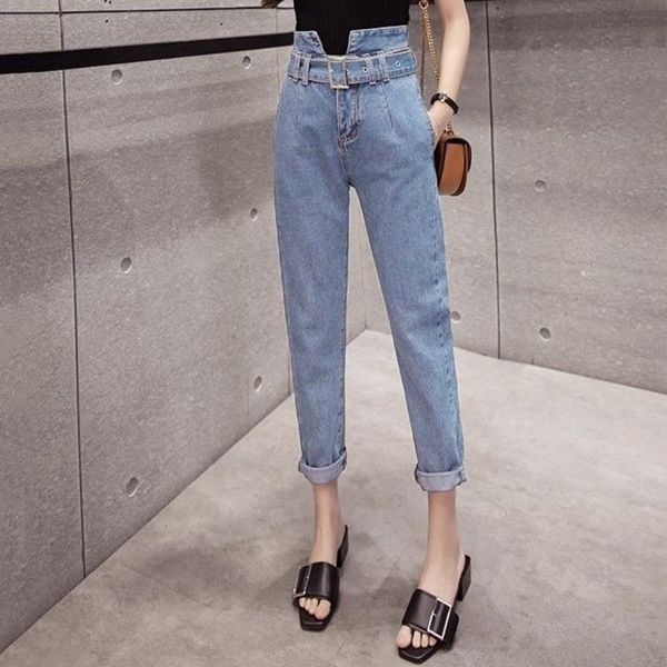 

women's jeans summer autumn pants women light color slim belt solid high waist straight femme vintage street denim, Blue