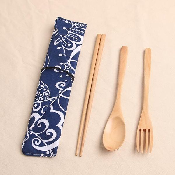 Bacchette in legno naturale Set forchetta cucchiaio con sacchetto di stoffa Set di stoviglie da viaggio Regalo bomboniera