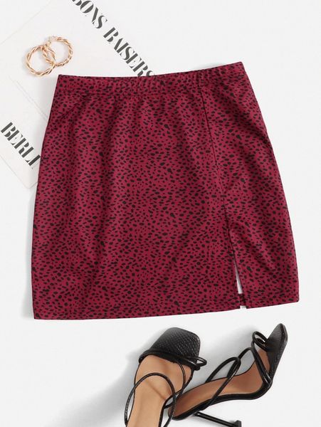 

split hem dalmatian print skirt s2t7#, Black