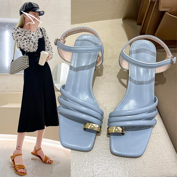 

sandals block heel women shoes zapatos de mujer sandalias tacon high heels white yellow plus size 2021, Black
