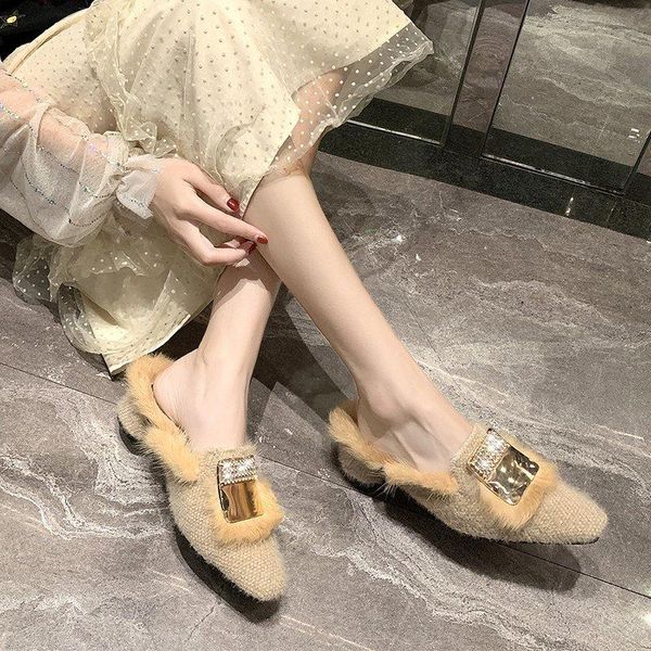 

slippers spring and autumn 2021 all-match thick heel baotou lazy half fashion hairy women's outer wear x355, Black