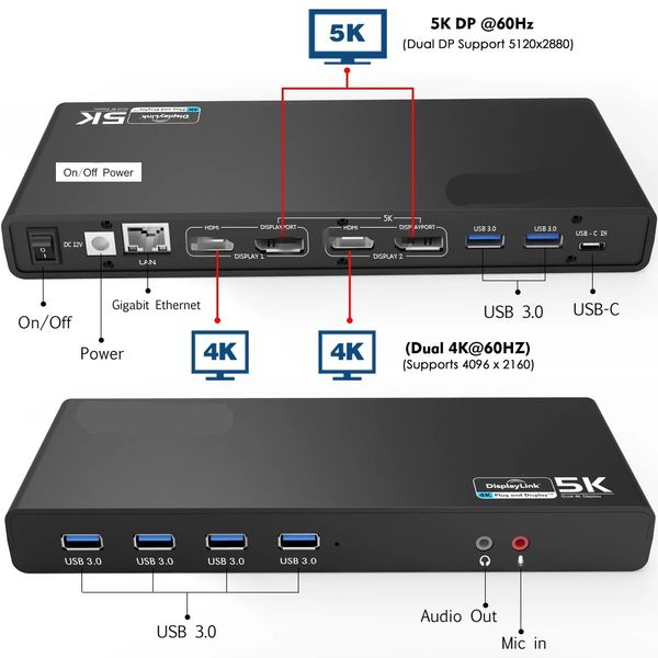 8 MB Universal USB 3.0 Docking Station USB-C Dual 4K Ultra Dock DP Gen1 Gen1 Tipo-C Gigabit Ethernet Estender e Espelham o modo de vídeo