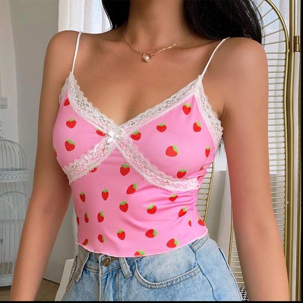 

summer european and american women cami style strawberry print side stitching slim ultra short cropped camisole, White