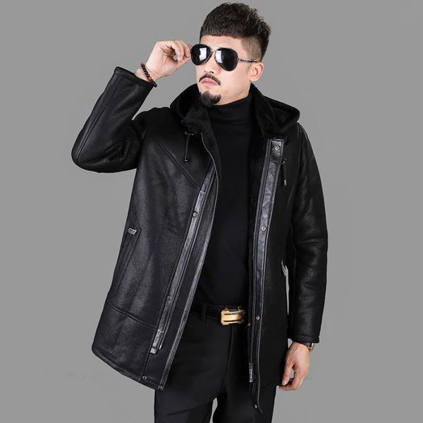 

men's leather & faux 2021 original fur integrated sheepskin wool winter thickened warm casual coat, Black