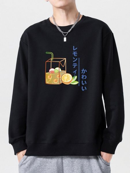 

men japanese letter & cartoon graphic sweatshirt x1yu#, Black