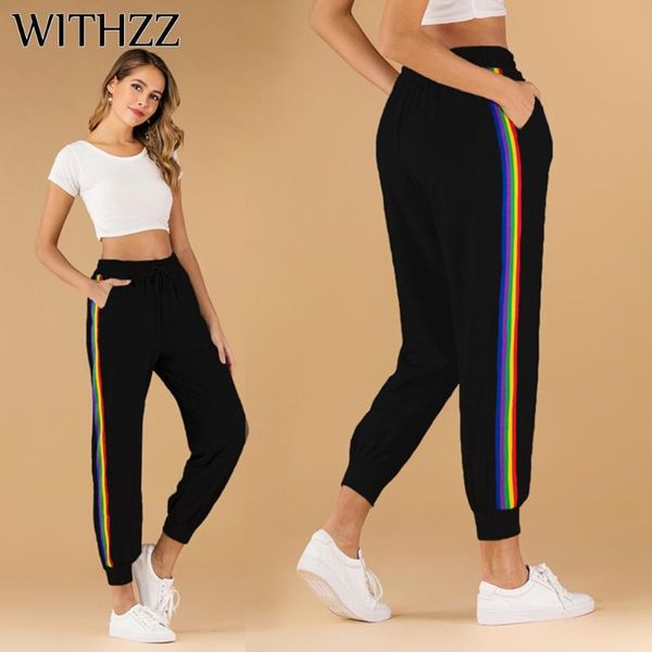 

women's pants & capris withzz spring middle waist trousers loose bottoms rainbow stripe lace up sports casual, Black;white