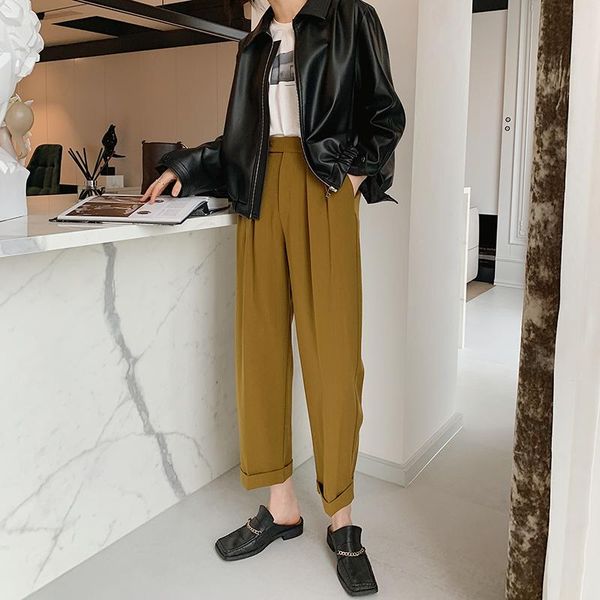 

women's pants & capris yellow harem front pleats wide pleated side pocket waistbands women, Black;white