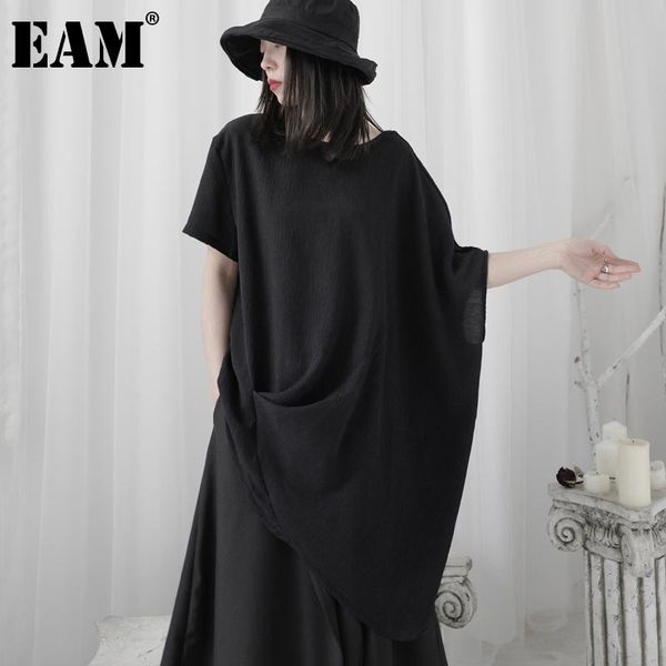 

women's t-shirt [eam] women white black irregular big size long round neck half sleeve fashion tide spring summer 2021 1dd9475