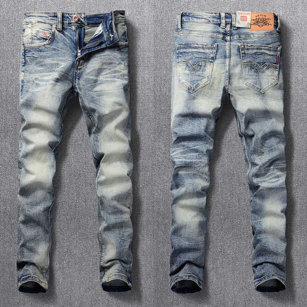 

men's jeans italian style fashion retro yellow blue wash slim fit ripped for vintage designer elastic cotton denim pants g62h