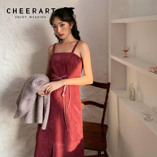

red corduroy slip dress autumn 2021 bandage knee length spaghetti strap korean fashion clothing for womens casual dresses, Black;gray