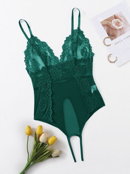 

plus contrast lace crotchless teddy bodysuit 66zp#, Black;white