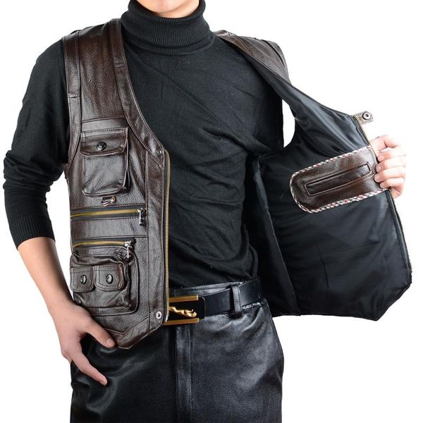 

men's vests men leather vest first layer cowhide waistcoat middle-aged and elderly outdoor spring autumn sleeveless jacket plus size 5x, Black;white