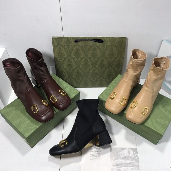 

new horse title buckle short boots women's square head thick high heels elastic thin french solid color martin outlets, Black