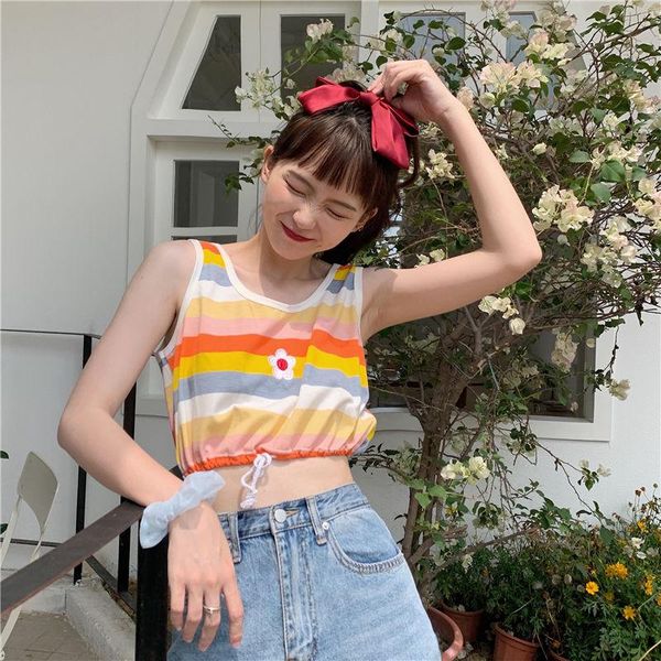 

women's tanks & camis women kawaii embroidery fashion crop korean style ulzzang slender lace-up womens vintage chic summer rainbow-stri, White