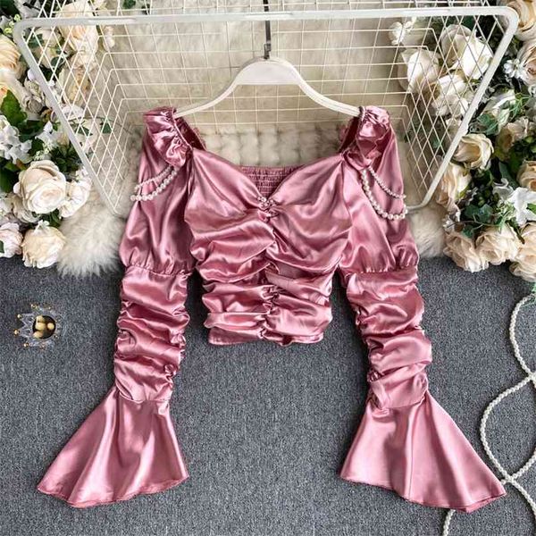 

women fashion high street pleated short female square neck long flare sleeve pearl shirt blouse p541 210527, White