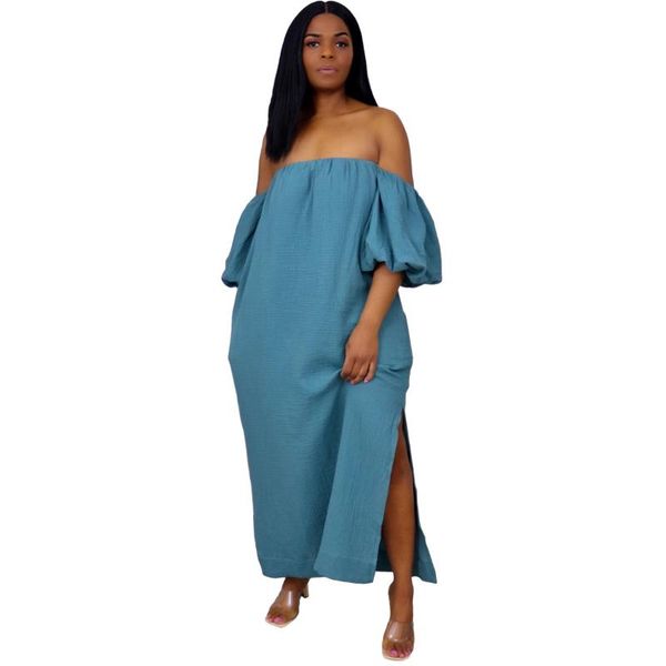 

casual dresses plus size s-3xl women's 2021 summer imitation cotton solid color bubble sleeve robe dress with split hem fashion longuet, Black;gray