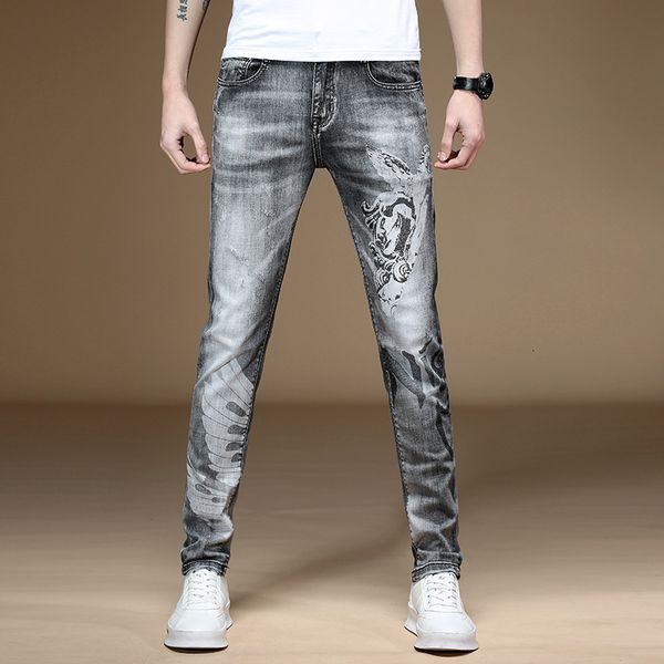 

jeans 2021 spring and summer printed men's stretch slim small foot fashion personality long pants ash, Blue