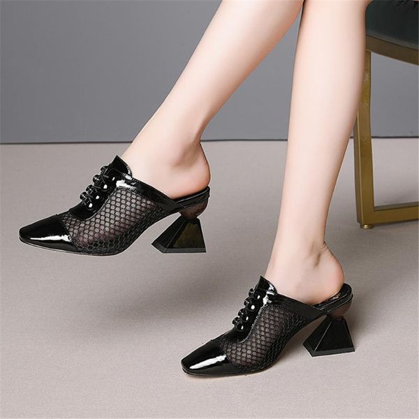 

dilalula 2021 big size 33-43 genuine leather shoes mules women summer high heels luxury sandals party woman, Black