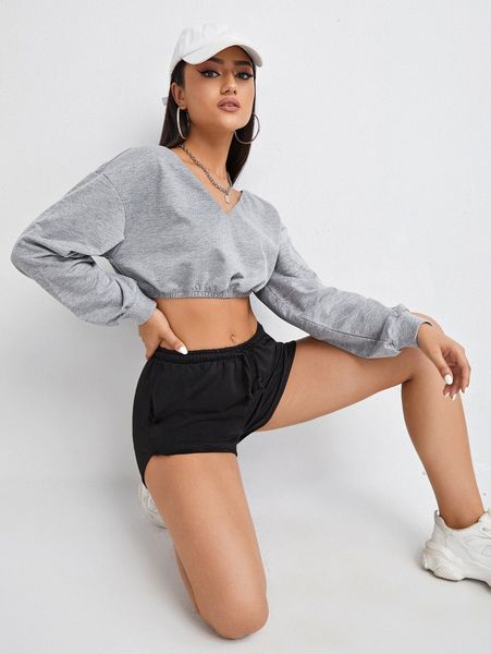 

double v neck drop shoulder crop sweatshirt z4hb#, White;black