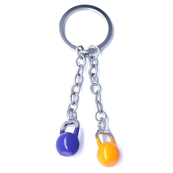

keychains double nose painted color alloy 3d kettlebell charm long chain key kettle bells ring fitness jewelry, Silver
